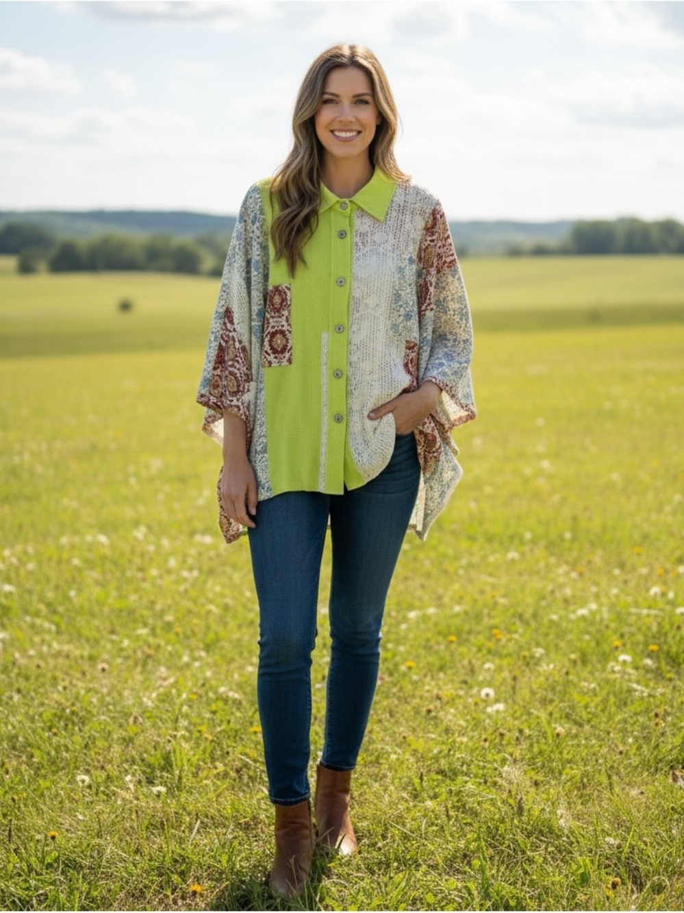 NEW POL Lime Patchwork Button-Front Tunic Shirt